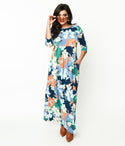 Pocketed Floral Print Scoop Neck Knit Maxi Dress