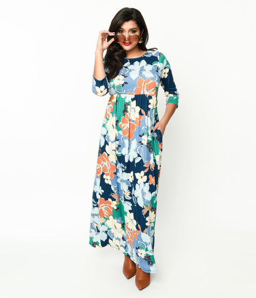 Scoop Neck Pocketed Knit Floral Print Maxi Dress