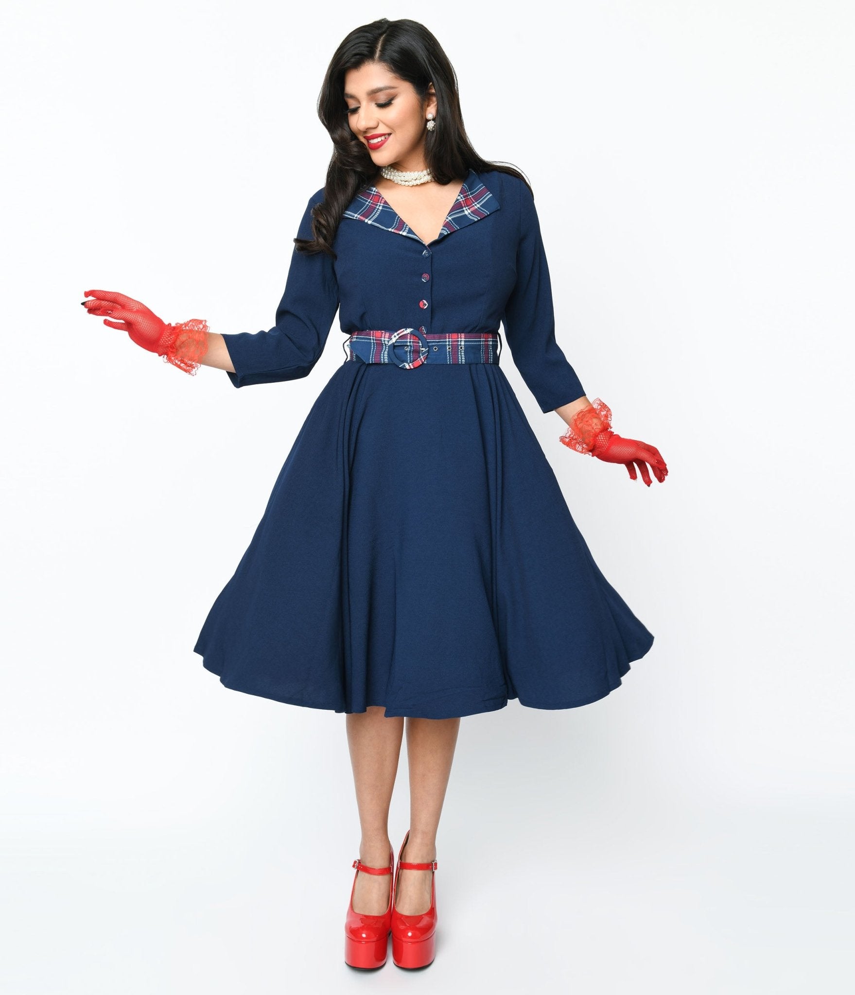 1950s Dresses, 50s Dresses | 1950s Style Dresses Navy  Plaid Contrast Lynette Swing Dress $106.00 AT vintagedancer.com