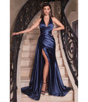 V-neck Sleeveless Halter Plunging Neck Satin Sheath Backless Pleated Asymmetric Fitted Slit Sheath Dress/Evening Dress with a Brush/Sweep Train