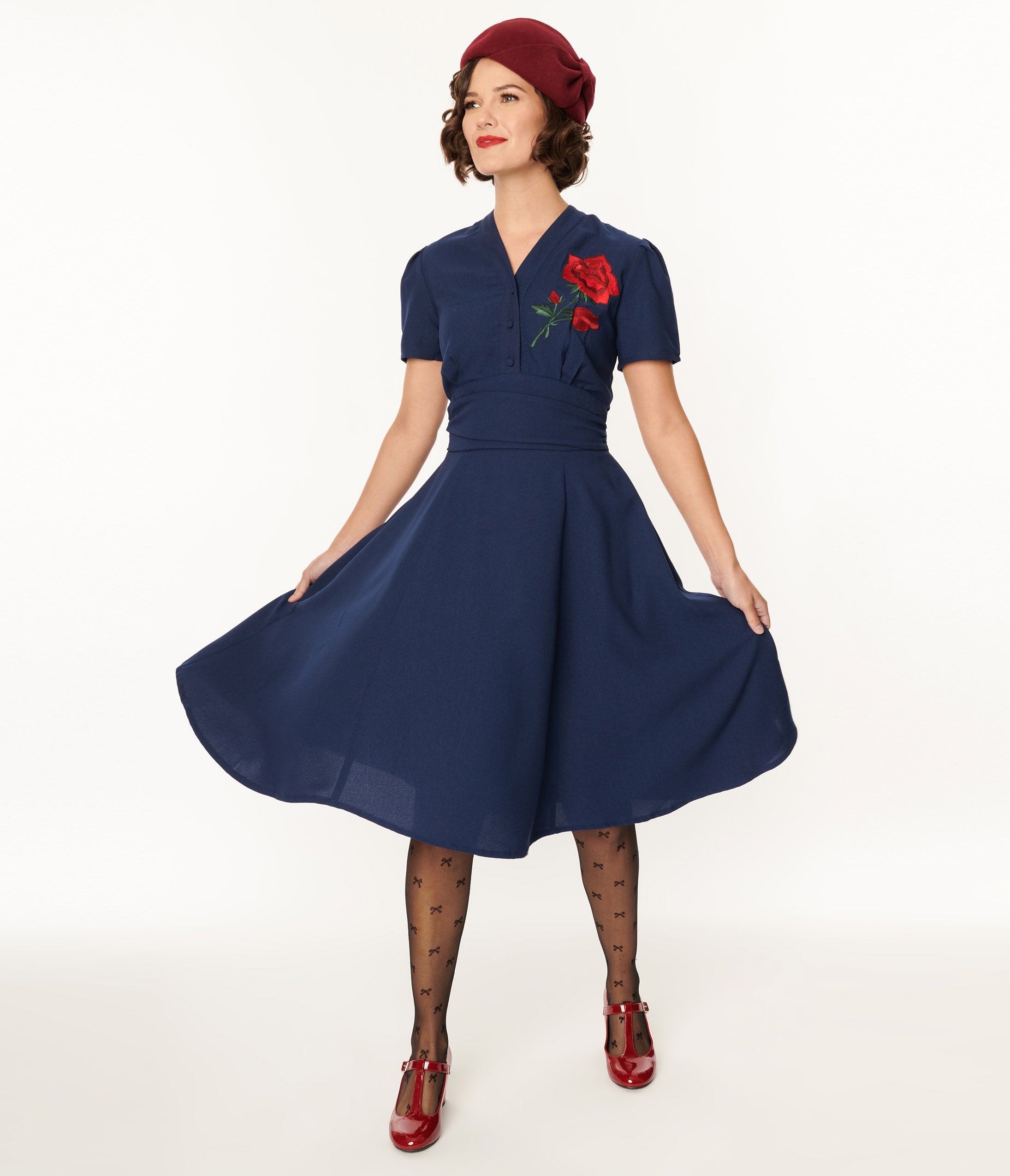 

1940S Navy & Rose Embroidered Swing Dress