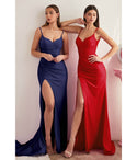 Sweetheart Spaghetti Strap Empire Waistline Draped Slit Ruched Satin Prom Dress with a Brush/Sweep Train