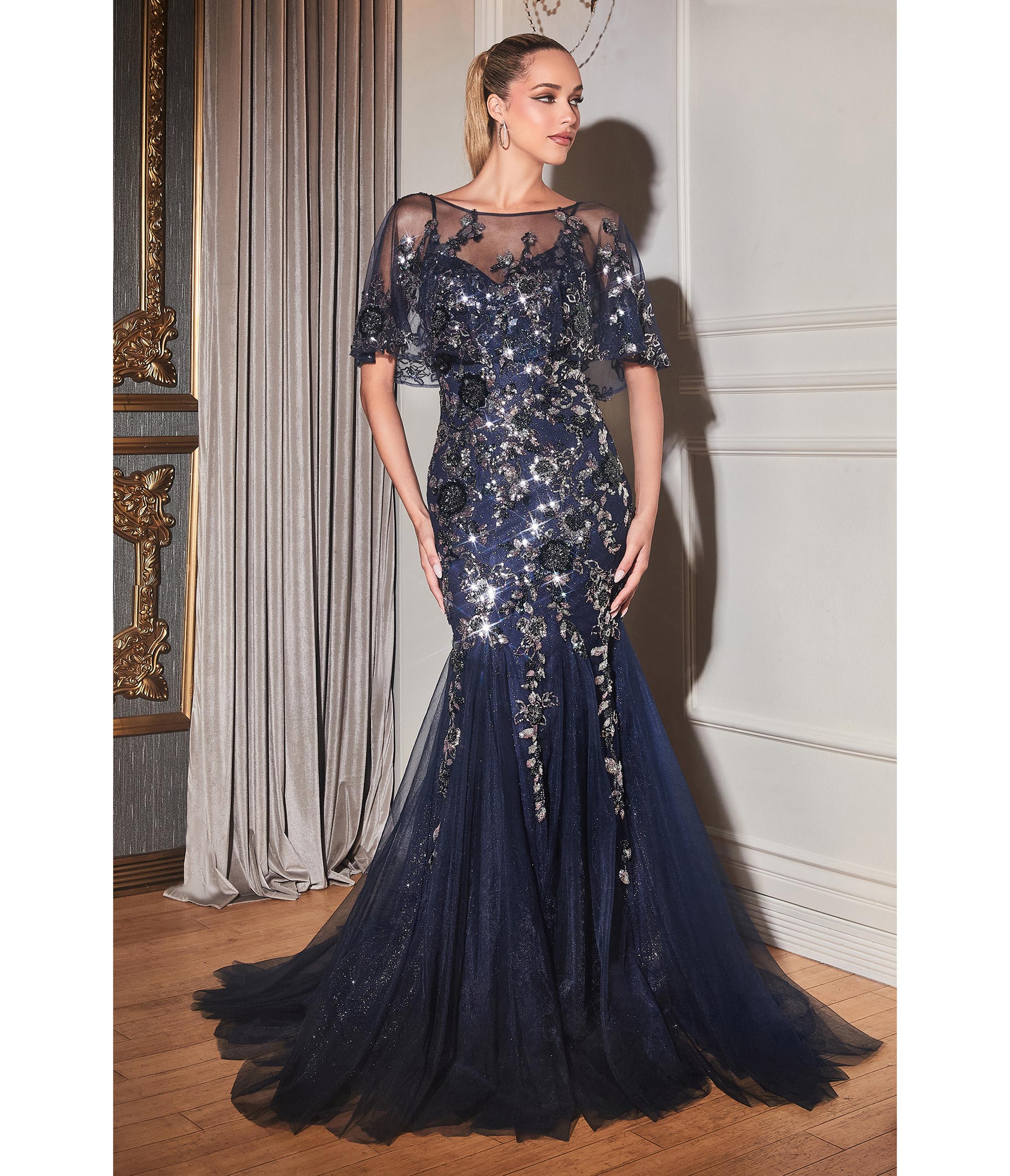 

Cinderella Divine Navy & Silver Rhinestone Floral Trumpet Bridesmaid Gown