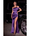 Cap Sleeves Off the Shoulder One Shoulder Sheath Asymmetric Draped Slit Ruched Satin Sheath Dress/Evening Dress with a Brush/Sweep Train