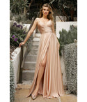 V-neck Sweetheart Faux Wrap Ruched Slit Satin Spaghetti Strap Floor Length Bridesmaid Dress