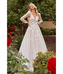 Floral Print Sleeveless Sheer Applique Open-Back Plunging Neck Ball Gown Wedding Dress