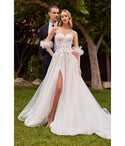 A-line Strapless Sheer Pleated Applique Sweetheart Floral Print Wedding Dress With Ruffles