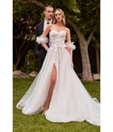 A-line Strapless Applique Pleated Sheer Sweetheart Floral Print Wedding Dress With Ruffles