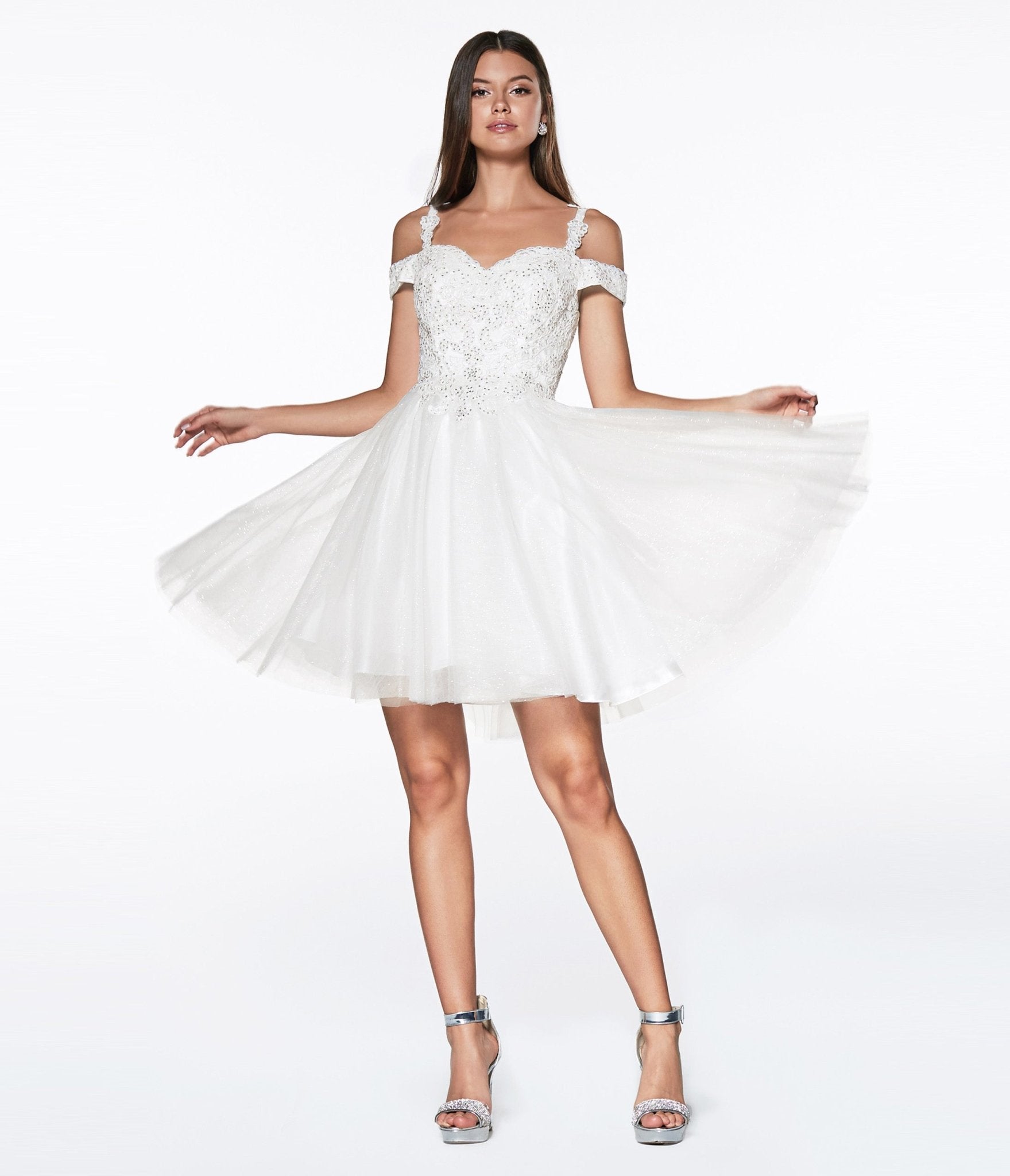 

Cinderella Divine Off White Glitter Tulle Cold Shoulder Homecoming Dress