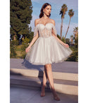 Sophisticated A-line Short Basque Corset Waistline Draped Glittering Sheer Open-Back Tulle Flutter Sleeves Off the Shoulder Dress