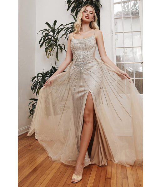 Beaded Fitted Straight Neck Tulle Bridesmaid Dress/Prom Dress