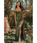 Satin Draped Slit Cowl Neck Floor Length Corset Waistline Off the Shoulder Bridesmaid Dress