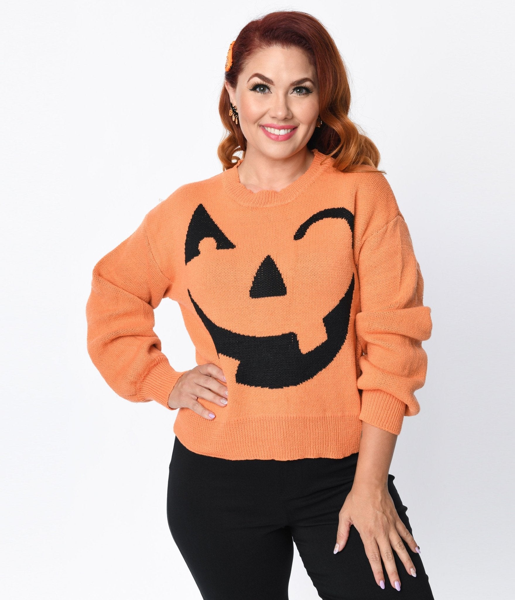 

Orange Halloween Pumpkin Knit Sweater
