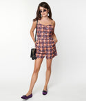 Sweetheart Crepe Plaid Print Pocketed Button Front Romper