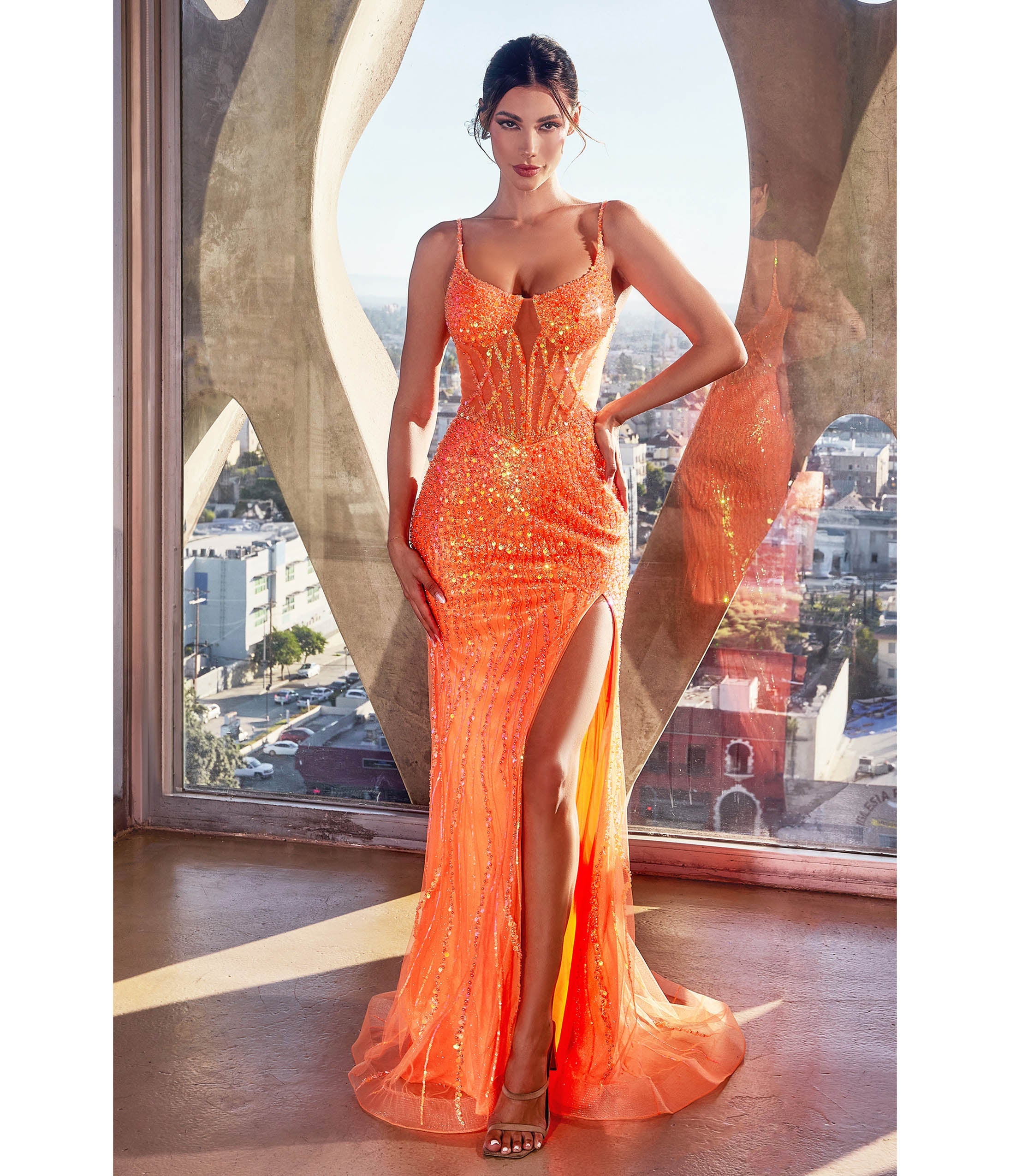 

Cinderella Divine Orange Sequin Beaded High Slit Fitted Prom Gown