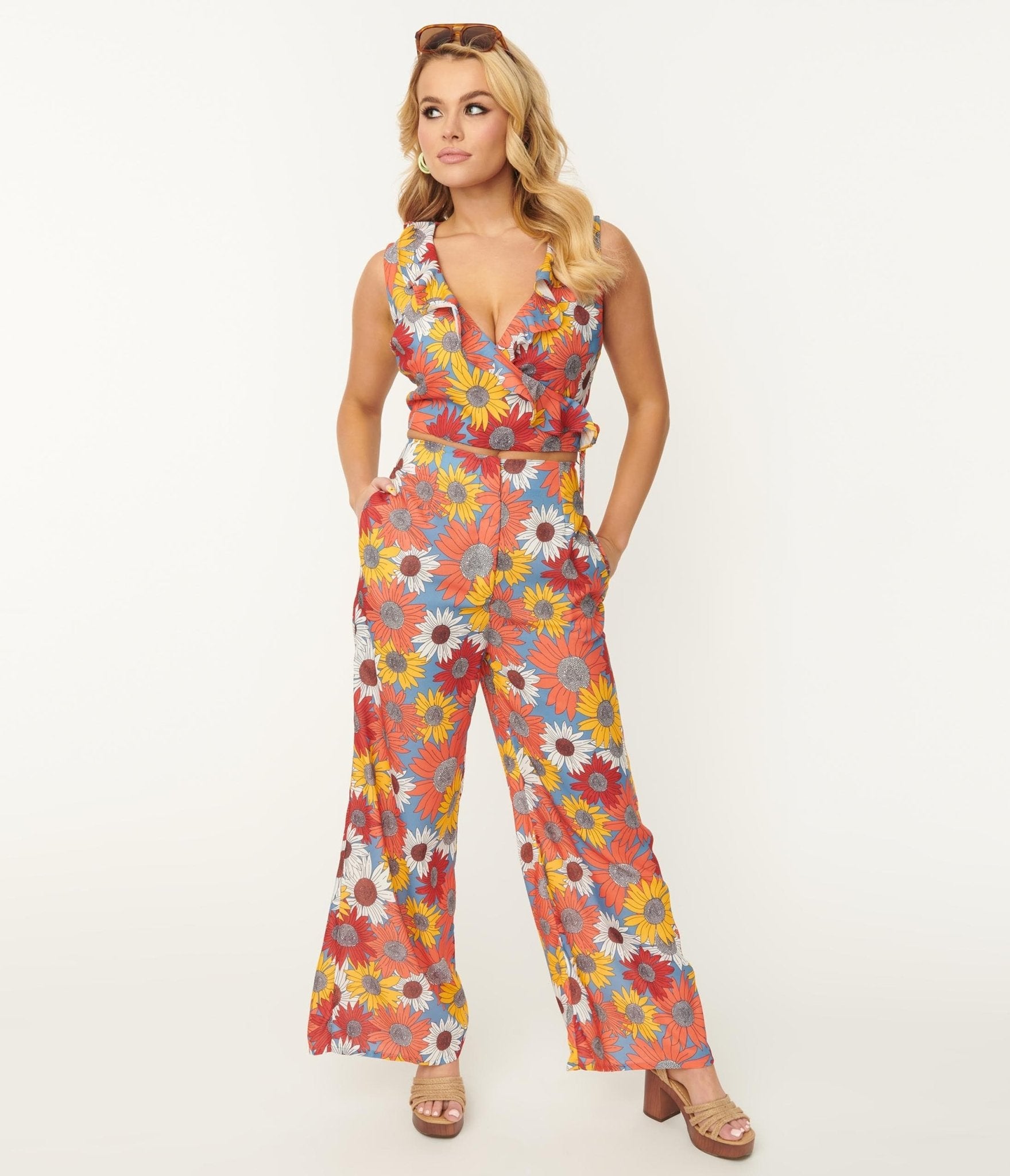 

Orange & Yellow Sunflower Bianza Print Pants & Top Set