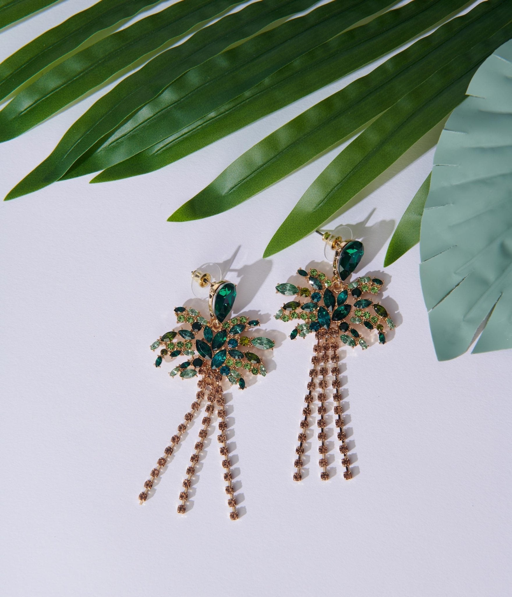 

Palm Tree Rhinestone Fringe Drop Earrings