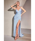 V-neck Spaghetti Strap Faux Wrap Slit Ruched Satin Floor Length Prom Dress