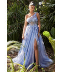 Floral Print One Shoulder Slit Sheer Goddess Applique Bridesmaid Dress