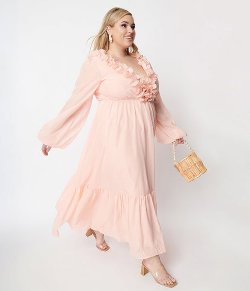V-neck Long Sleeves Self Tie Maxi Dress With Ruffles