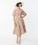 Modest Short Sleeves Sleeves Crepe General Print Pocketed Fitted Midi Dress