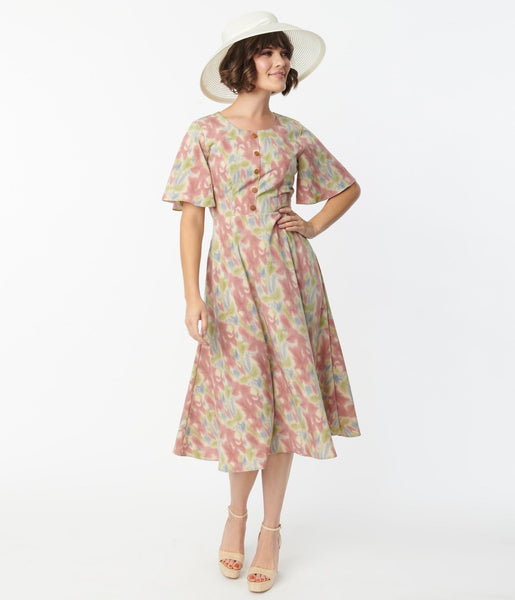 Modest General Print Short Sleeves Sleeves Pocketed Fitted Crepe Midi Dress