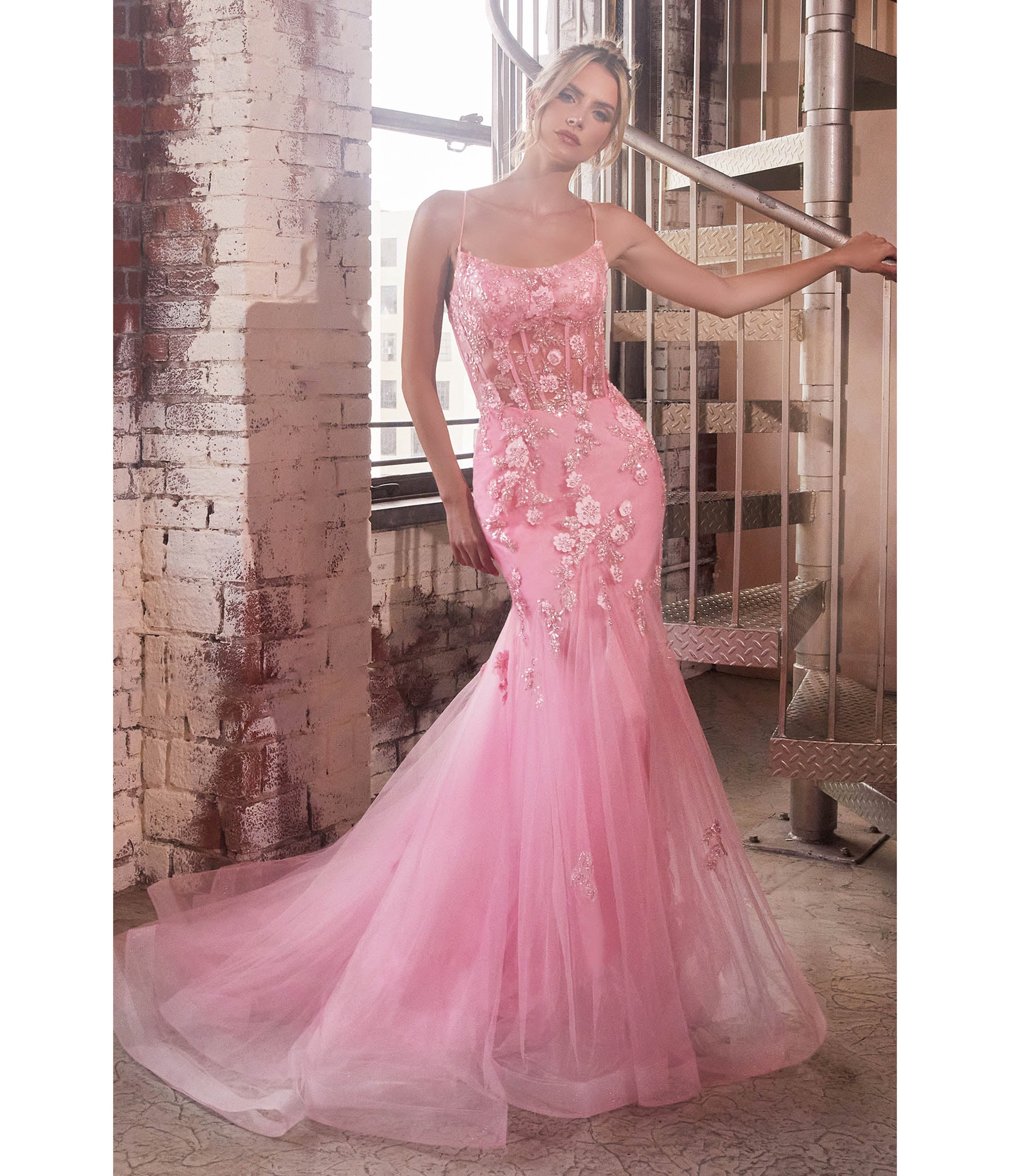 

Cinderella Divine Pink Floral & Beaded Corset Mermaid Gown