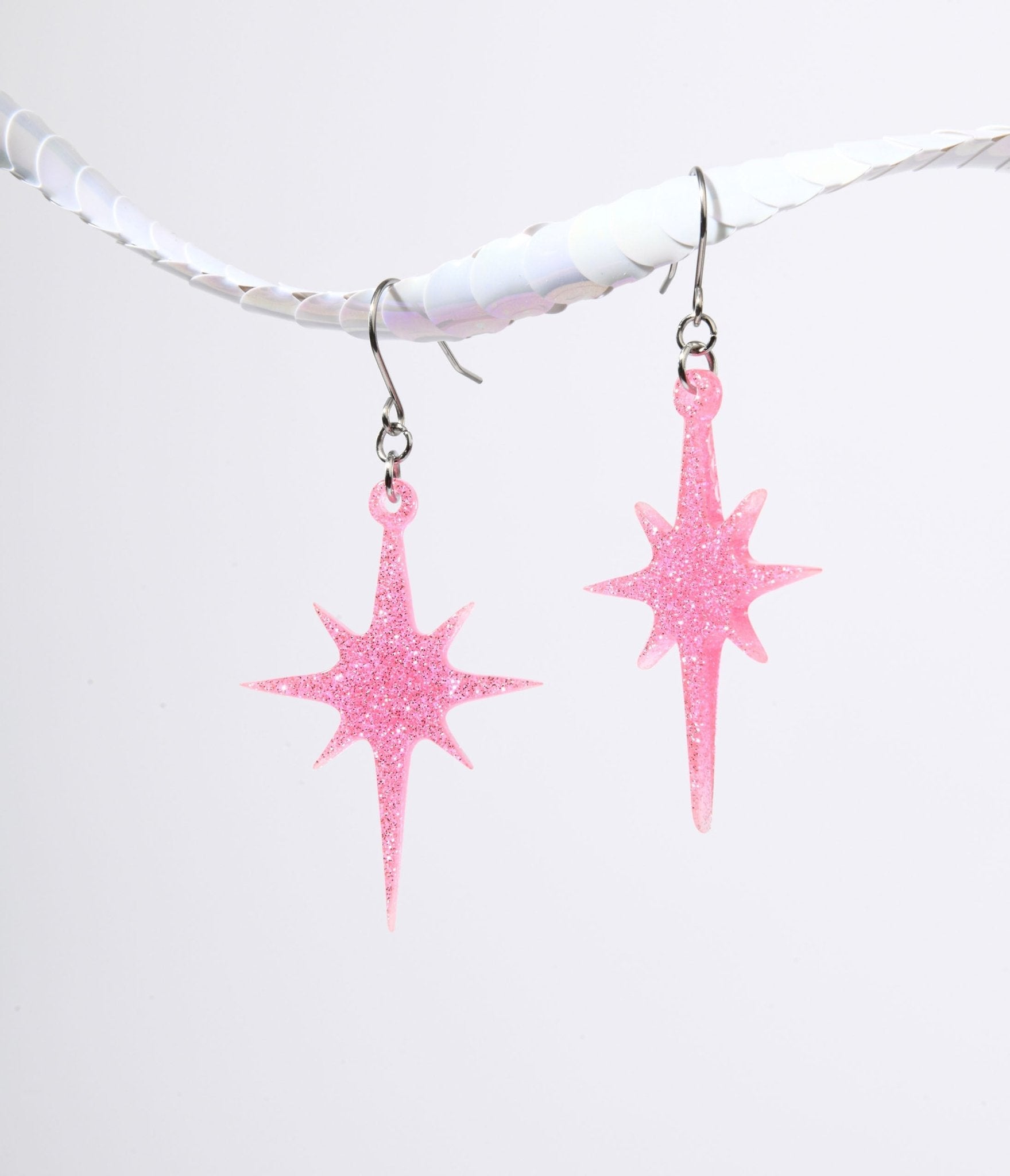 

Pink Glitter Atomic Star Dangle Earrings