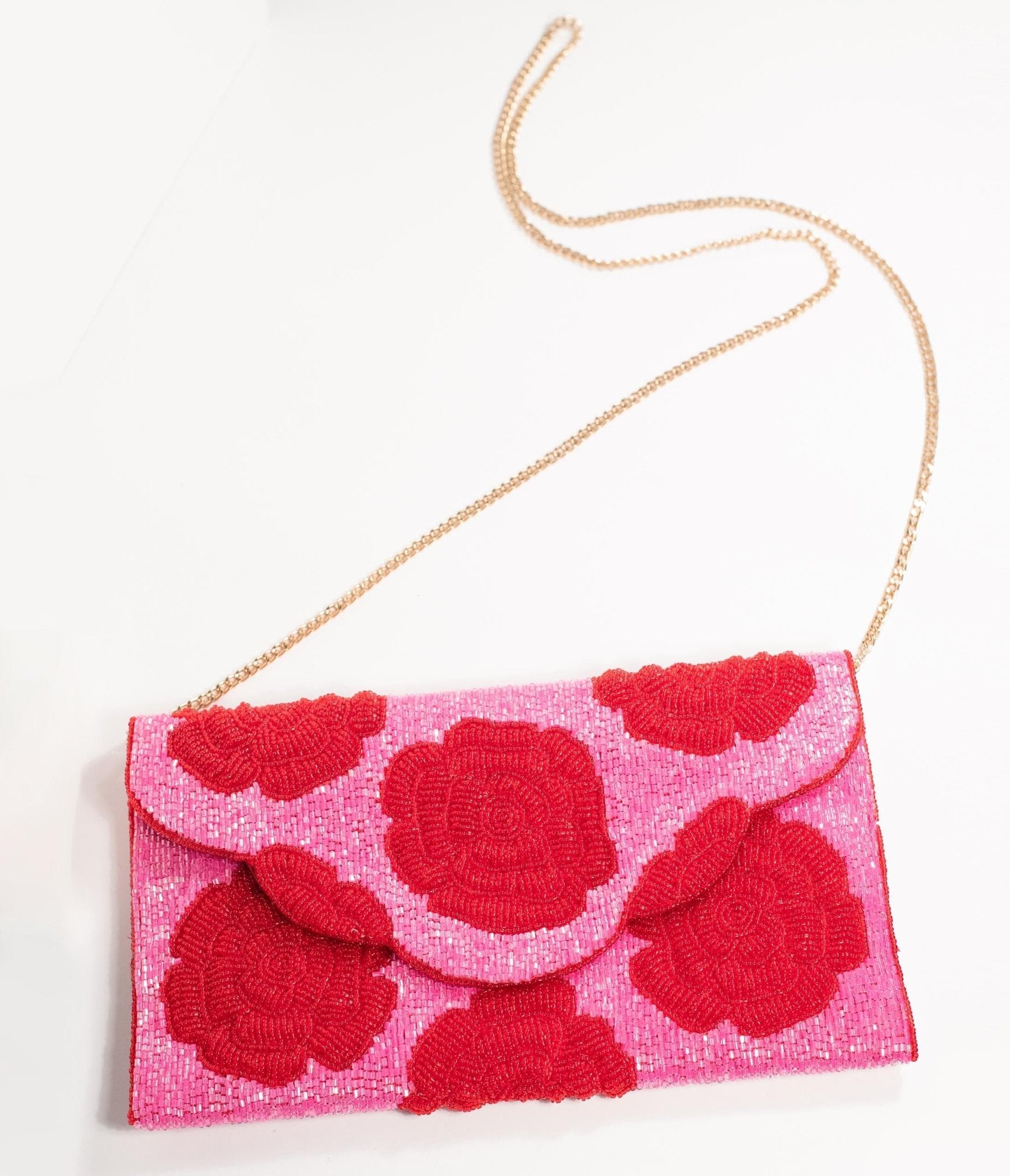 

Pink & Red Floral Rose Beaded Envelope Clutch