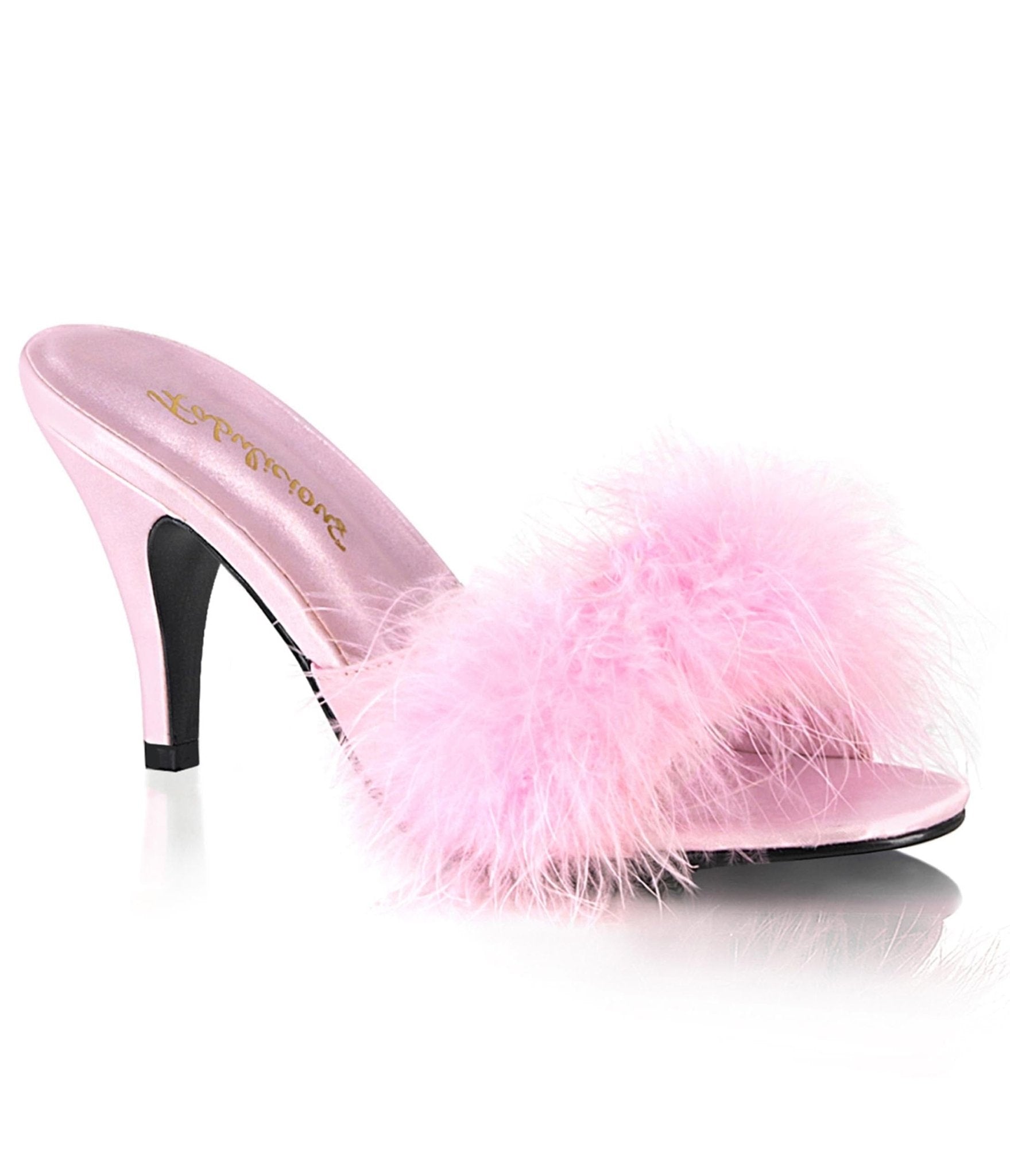 

Pink Satin & Marabou Feather Peep Toe Amour Heel Slipper