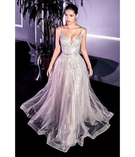 A-line Spaghetti Strap Tulle Glittering Beaded Back Zipper V Back Tiered Floor Length Prom Dress with a Brush/Sweep Train