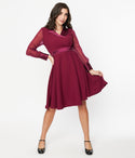 Plus Size V-neck Sheer Swing-Skirt Long Sleeves Notched Collar Dress