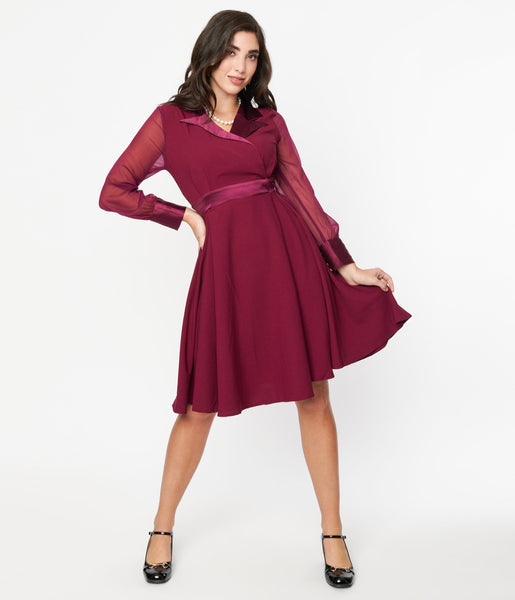 Plus Size V-neck Swing-Skirt Sheer Notched Collar Long Sleeves Dress