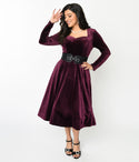 Belted Back Zipper Velvet Swing-Skirt Sweetheart Long Sleeves Party Dress