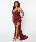 Plus Size Slit Mesh Sequined Self Tie Open-Back Floor Length Sweetheart Dress