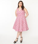 Plus Size V-neck Sleeveless Swing-Skirt General Print Back Zipper Pocketed Fitted Dress