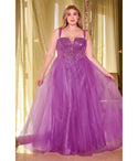 Plus Size A-line V-neck Strapless Tulle Glittering Lace-Up Sequined Plunging Neck Corset Waistline Ball Gown Prom Dress