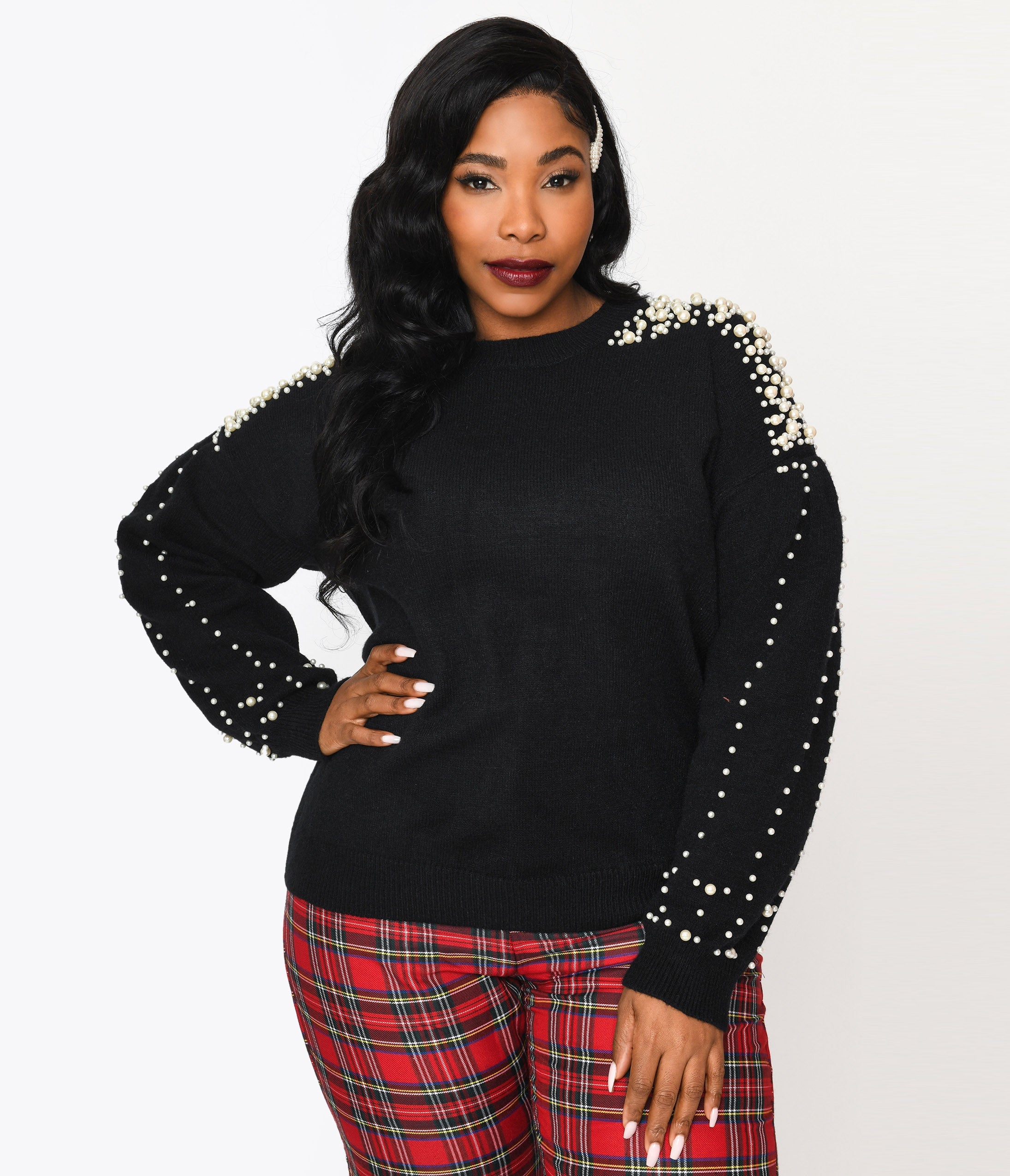 

Plus Size Black & Faux Pearl Studded Knit Sweater