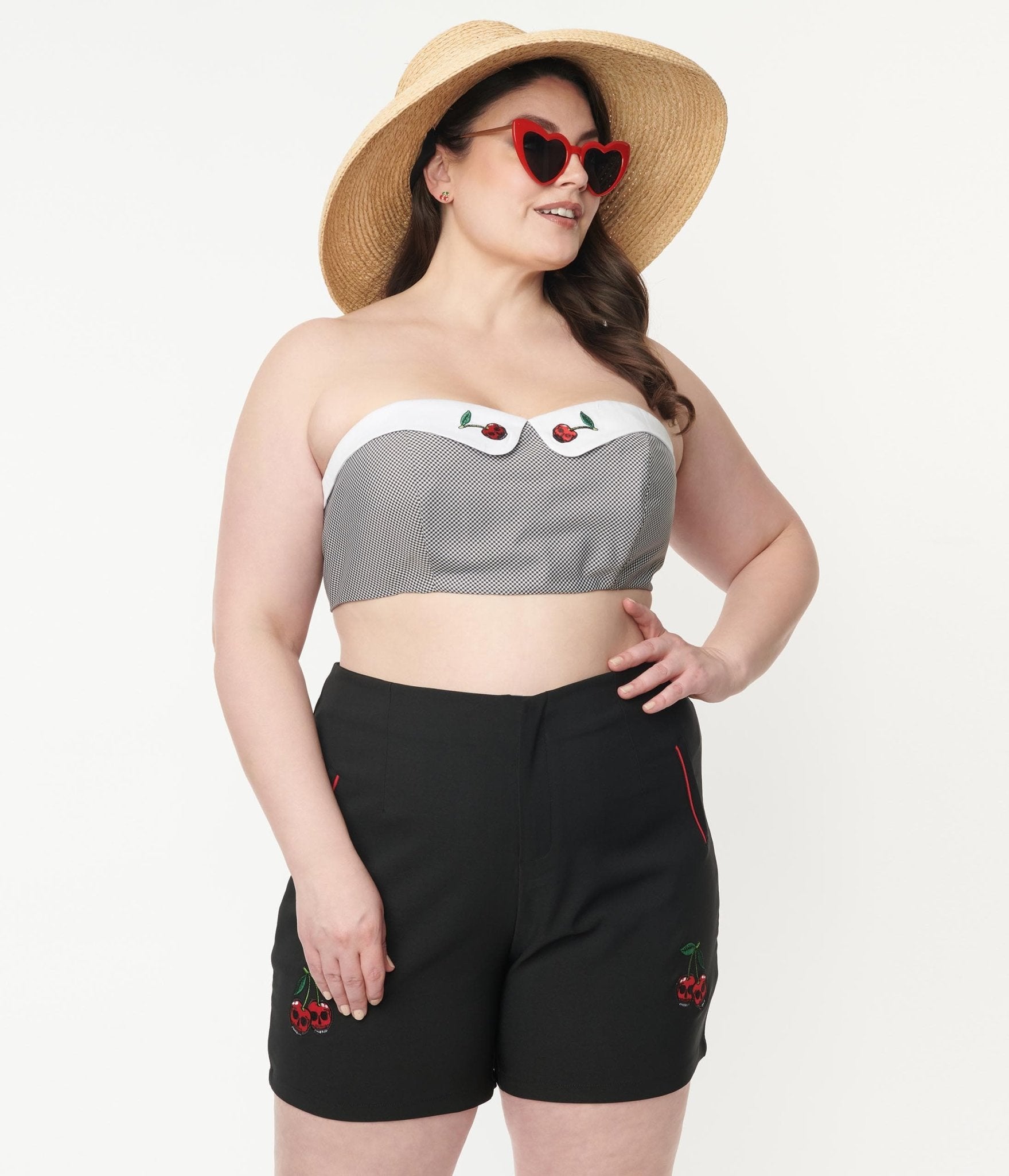 

Plus Size Black Gingham & Cherry Skull Bandeau Crop Top