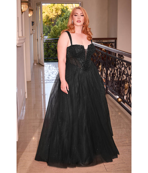 Plus Size A-line V-neck Strapless Plunging Neck Corset Waistline Tulle Sequined Glittering Lace-Up Ball Gown Prom Dress