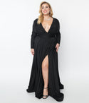 Plus Size Sophisticated V-neck Satin Long Sleeves Draped Fitted Slit Goddess Back Zipper Maxi Dress