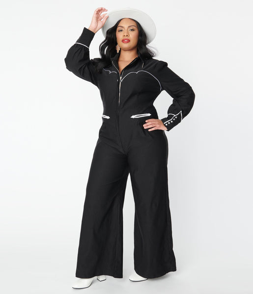 Plus Size Elasticized Waistline Pocketed Front Zipper Long Sleeves Cow Print Collared Western/Jumpsuit