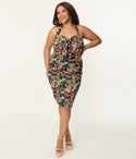 Plus Size Floral Print Halter Sweetheart Elasticized Waistline Back Vent Banding Back Zipper Pocketed Self Tie Cotton Dress With a Bow(s)