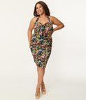 Plus Size Cotton Floral Print Elasticized Waistline Self Tie Pocketed Back Zipper Back Vent Banding Halter Sweetheart Dress With a Bow(s)