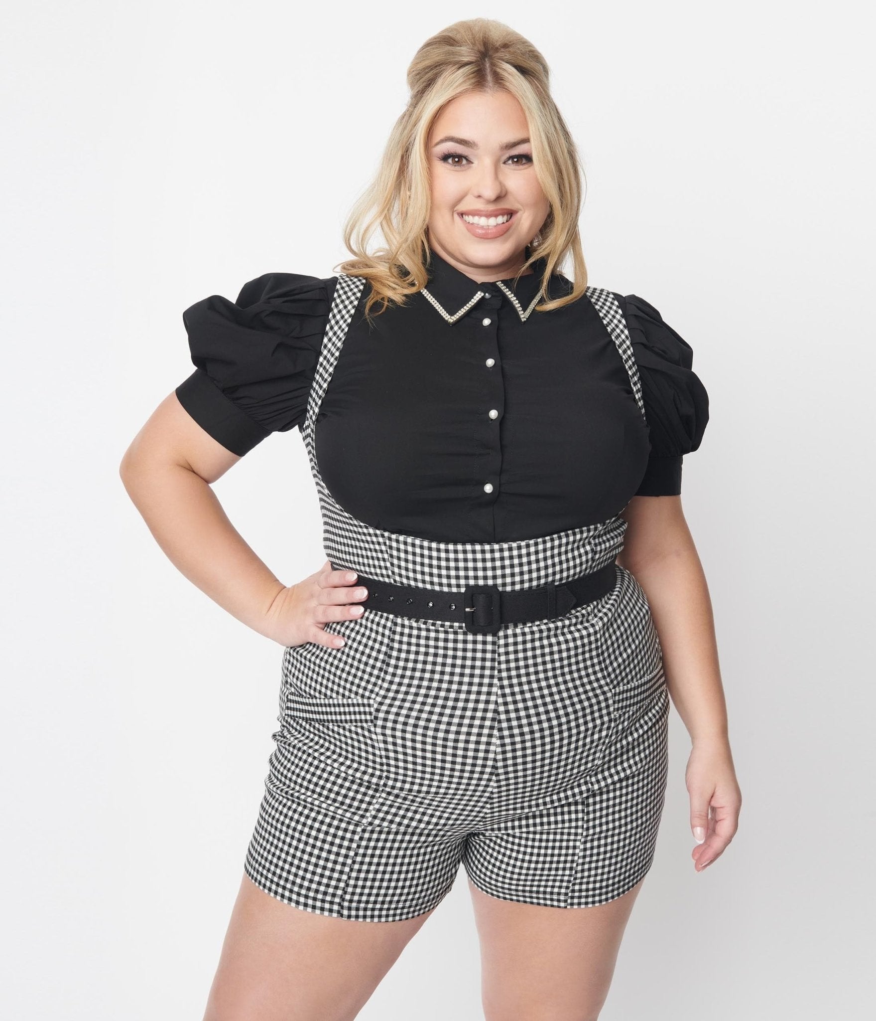 

Plus Size Black Rhinestone Collar Button Down Top