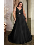 A-line V-neck Ruched Keyhole Cutout Sleeveless Satin Evening Dress by Cinderella Divine Moto