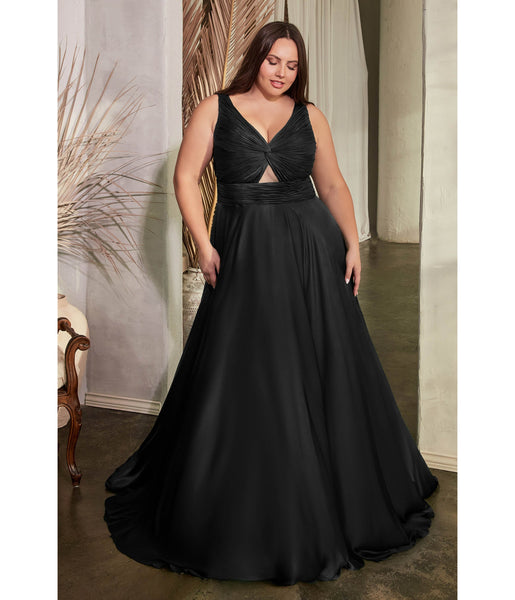 Plus Size A-line V-neck Satin Keyhole Cutout Ruched Sleeveless Evening Dress