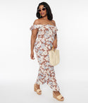 Plus Size Knit Smocked Off the Shoulder Floral Print Semi Sheer Fitted Jumpsuit With Ruffles
