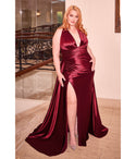 Plus Size V-neck Sheath Satin Sleeveless Fitted Pleated Backless Asymmetric Slit Halter Plunging Neck Sheath Dress/Evening Dress with a Brush/Sweep Train