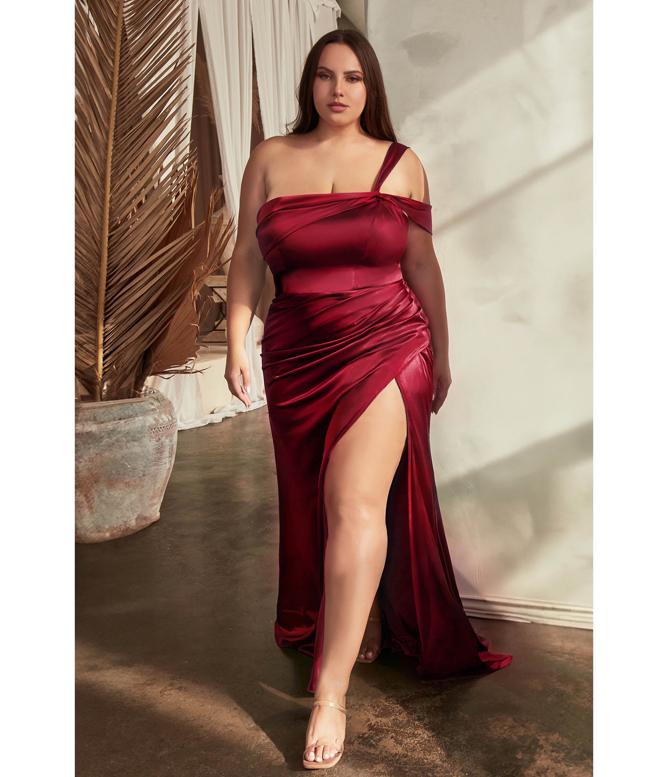 

Cinderella Divine Plus Size Burgundy Ruched Satin One Shoulder Evening Gown